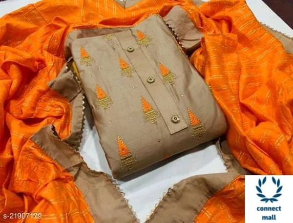 ALISHA Pretty Jam Cotton Fabric  Embroidered   UnStitched Salwar Suit With Banarasi Silk Fabric  Dupatta - Top Fabric Length 2.25 Meters Bottom Fabric Length2.2 Meters, Orange, Top Fabric:  Jam Cotton Bottom Fabric Cotton Dupatta  Fabric Banarasi, Un Stitched, Pack  of 1